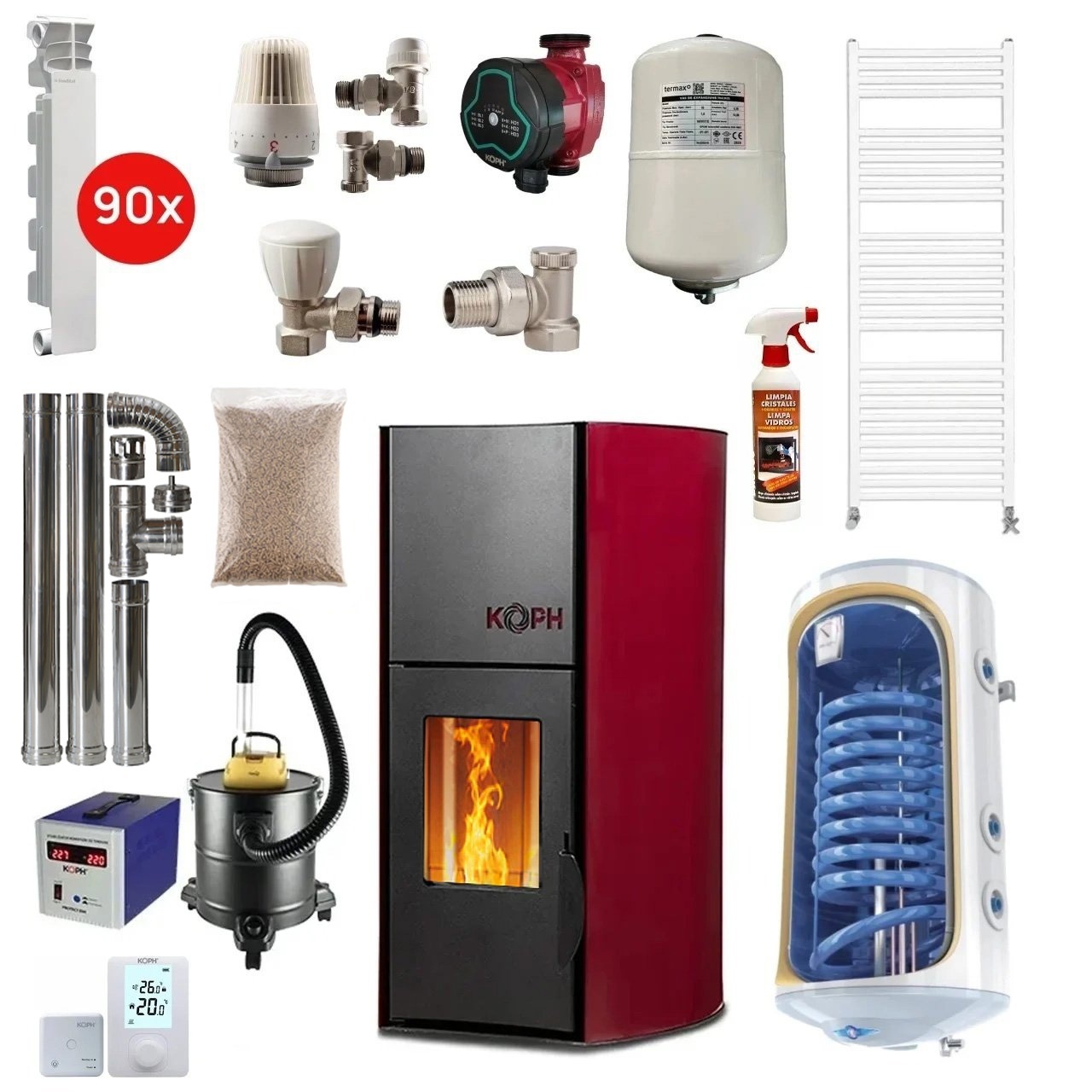 Pachet termosemineu cu peleti KOPH PM 25 kW Fiama, 170 mp, buncar peleti 25 kg, diametru cos fum ⌀80 mm, Boiler Termoelectric 120 litri, Elementi