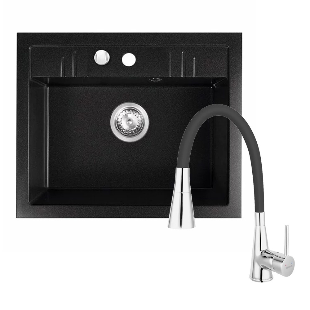 Set chiuveta Granit Ferro Mezzo II 78x48 cm & baterie Zumba II Negru si accesorii Montaj