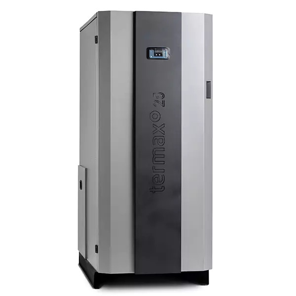 Centrala cu peleti Termax Compact 30 kW, 200 mp, buncar peleti 90 kg, volum apa 70 litri, diametru cos fum ⌀80 mm, vas expansiune si pompa