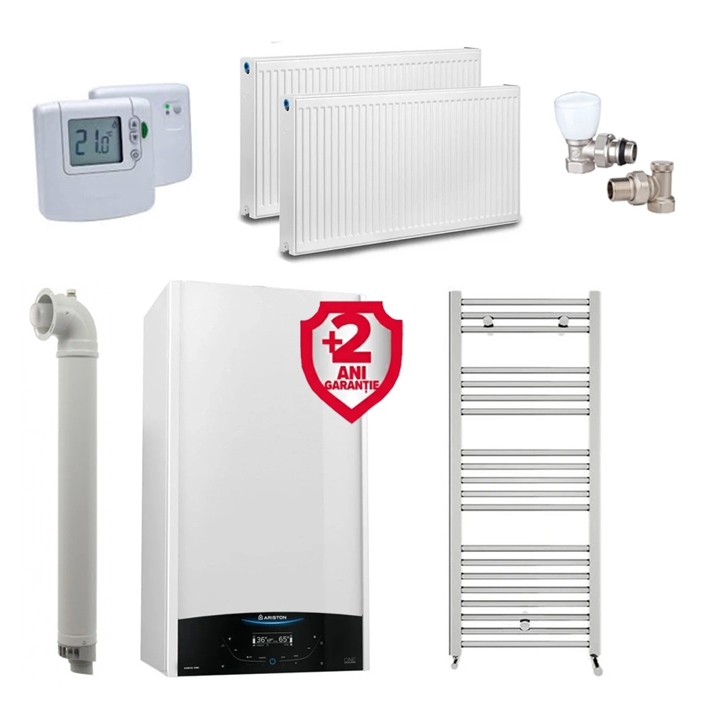 Pachet apartament cu 1 camera, centrala Ariston Genus One+ 24 kW, Clasa A, Schimbator de caldura XtraTech, Ecran LCD tactil, Autodiagnoza, Kit de