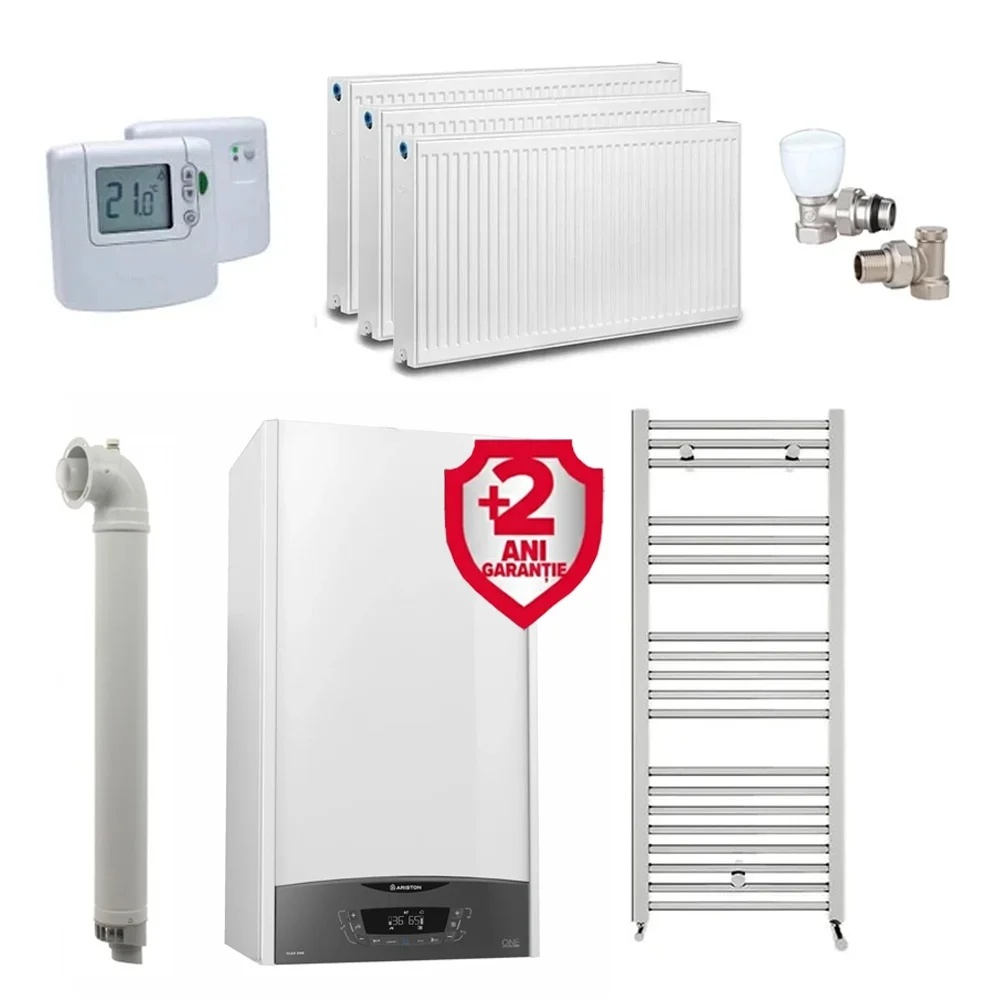Pachet apartament cu 2 camere, centrala Ariston Clas One WIFI 24 kW, incalzire si ACM, Kit evacuare inclus + Termostat ambient fara fir Honeywell