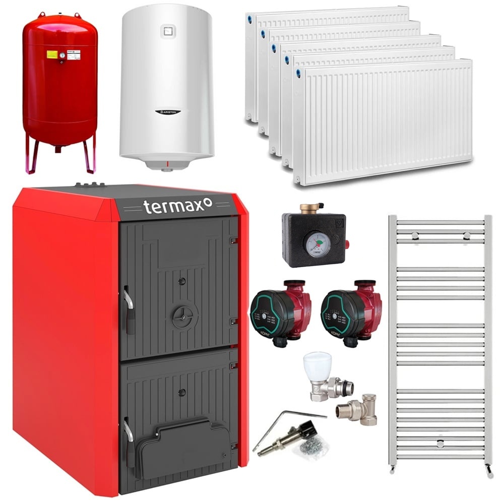Pachet Centrala/Cazan fonta Termax Bio 25 kW, biomasa, Ø 147 mm, volum apa 39 litri, Regulator de tiraj, Grup siguranta, Calorifere, Robineti