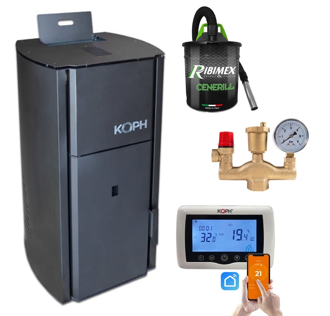 Pachet centrala cu peleti KOPH PM 30 kW, 200 mp, buncar peleti 30 kg, diametru cos fum ⌀80 mm, manta apa 30 litri, pompa recirculare si vas