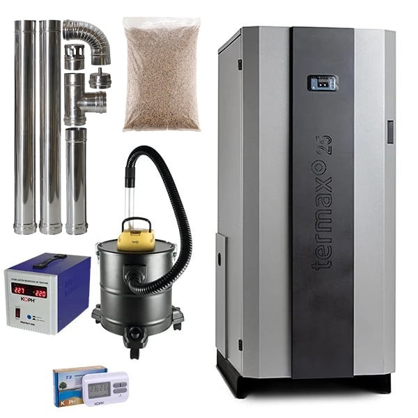 Pachet centrala cu peleti Termax Compact 25 kW, 170 mp, buncar peleti 75 kg, volum apa 60 litri, diametru cos fum ⌀80 mm, vas expansiune si pompa