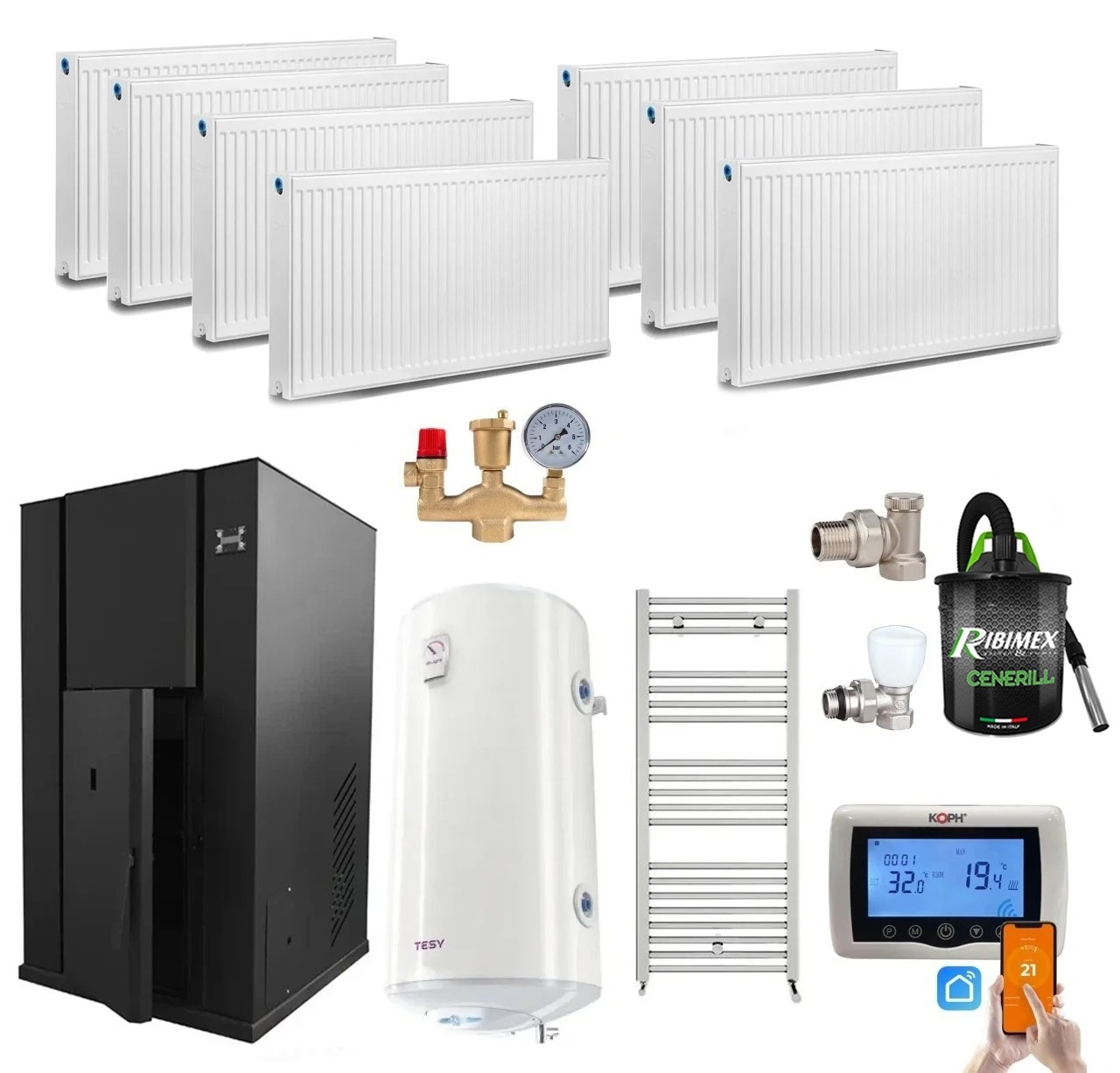 Pachet centrala termica cu peleti KOPH PM 40 kW, 250 mp, buncar peleti 100 kg, diametru cos fum ⌀100 mm, pompa recirculare si vas expansiune