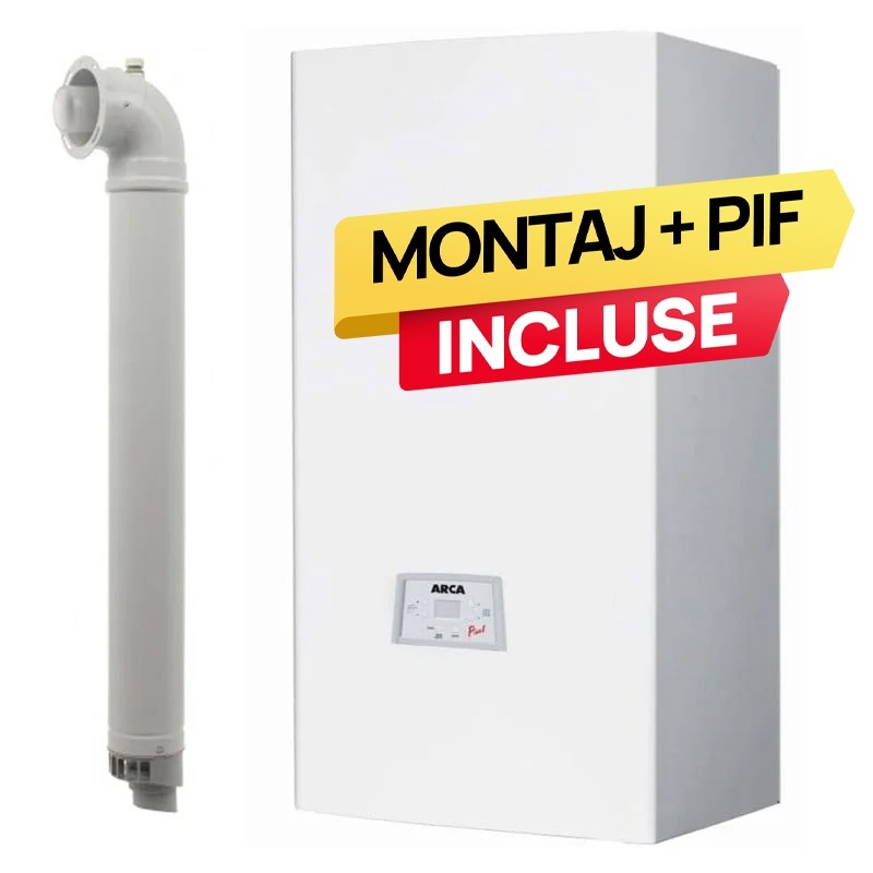 Pachet centrala termica pe gaz conventionala Arca Pixel 25F, 24 kW conventionala, tiraj fortat, incalzire si ACM, Kit de evacuare inclus + Montaj +