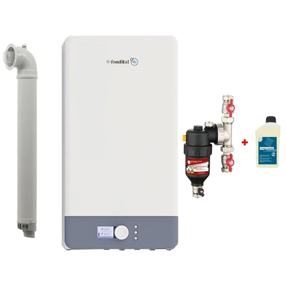 Pachet Centrala termica pe gaz in condensare Fondital Antea Next KC 26 kW, Clasa A, Afisaj color si intuitiv, IPX5D, Incalzire + ACM, Kit de evacuare