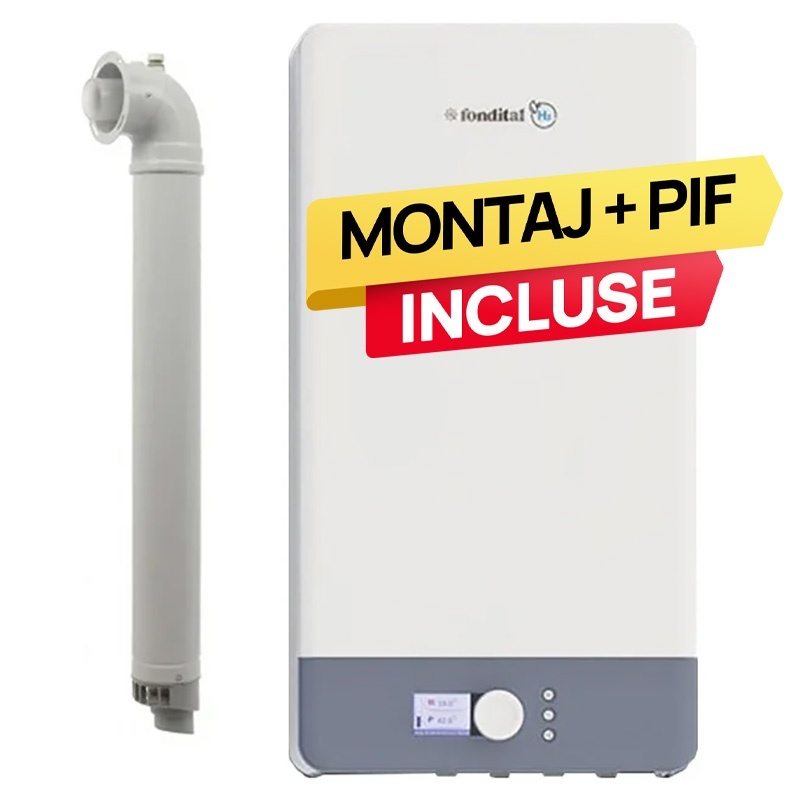Pachet centrala termica pe gaz in condensare Fondital Antea Next KC 35 kW, Clasa A, Afisaj color si intuitiv, IPX5D, Incalzire + ACM, Kit de evacuare