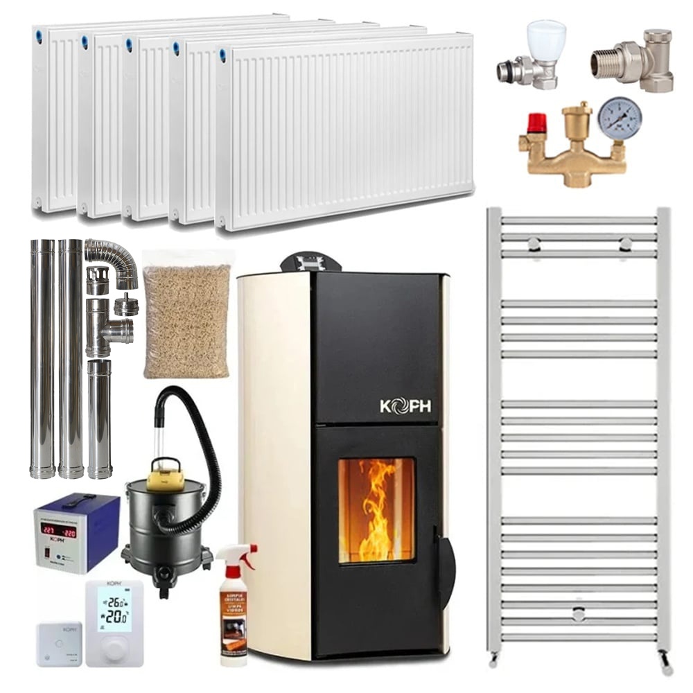 Pachet termosemineu cu peleti KOPH PM 18 kW, 120 mp, buncar 15 kg, diametru cos fum ⌀80 mm, pompa recirculare si vas expansiune incorporate, Crem,