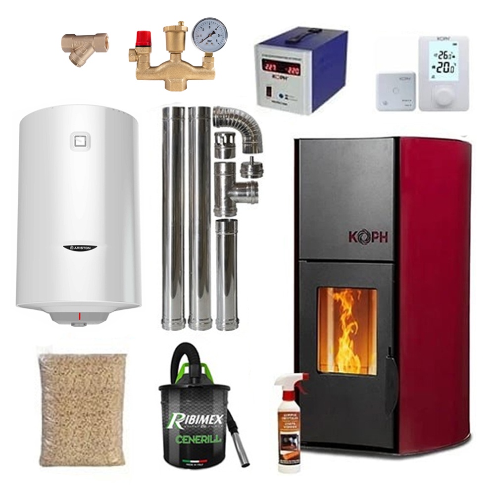 Pachet termosemineu cu peleti KOPH PM 25 kW Fiama, 160 mp, buncar peleti 25 kg, diametru cos fum ⌀80 mm, pompa recirculare si vas expansiune