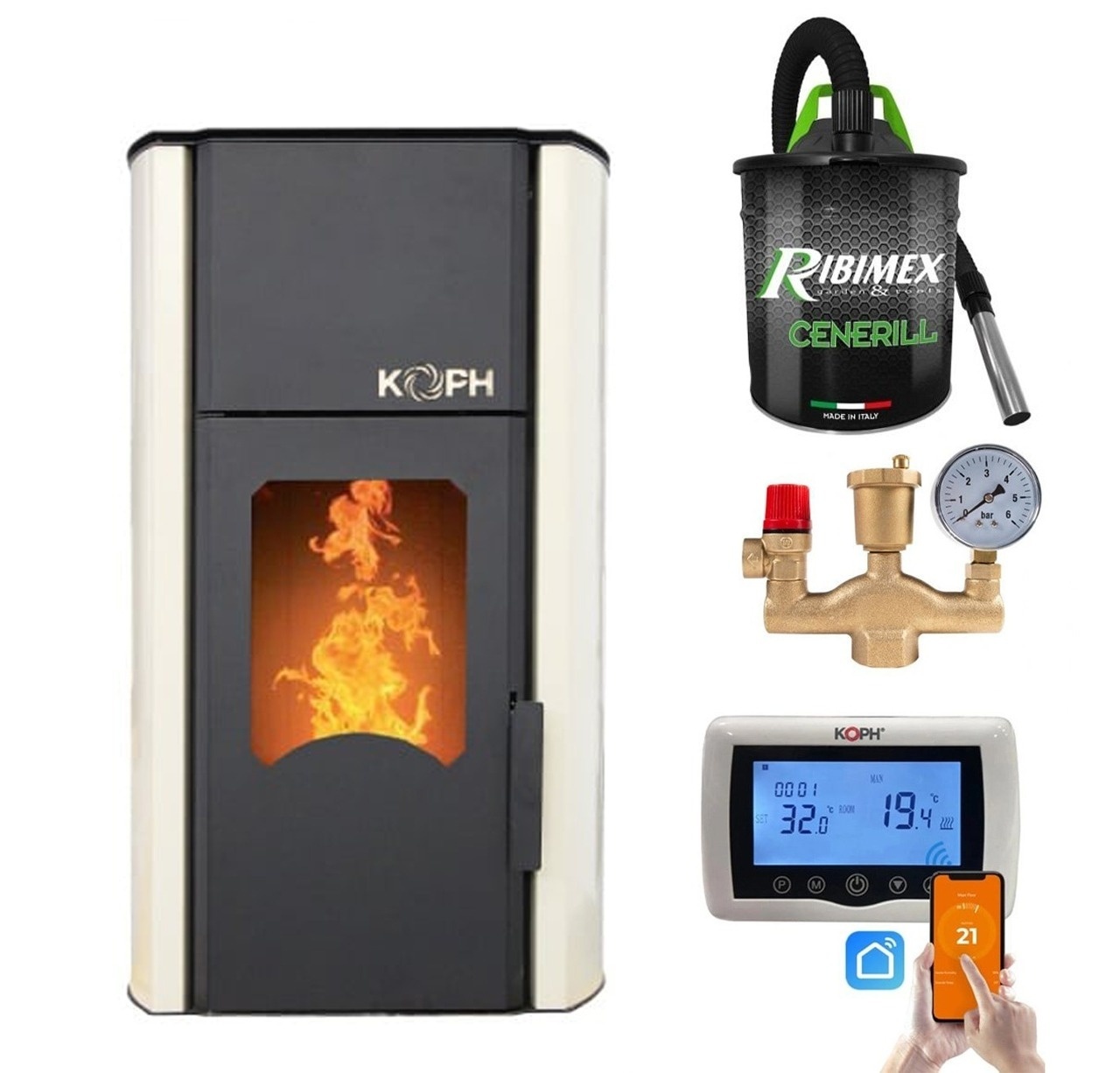 Pachet Termosemineu cu peleti KOPH PM 30 kW, 200 mp, buncar peleti 30 kg, diametru cos fum ⌀80 mm, pompa recirculare si vas expansiune incorporate,