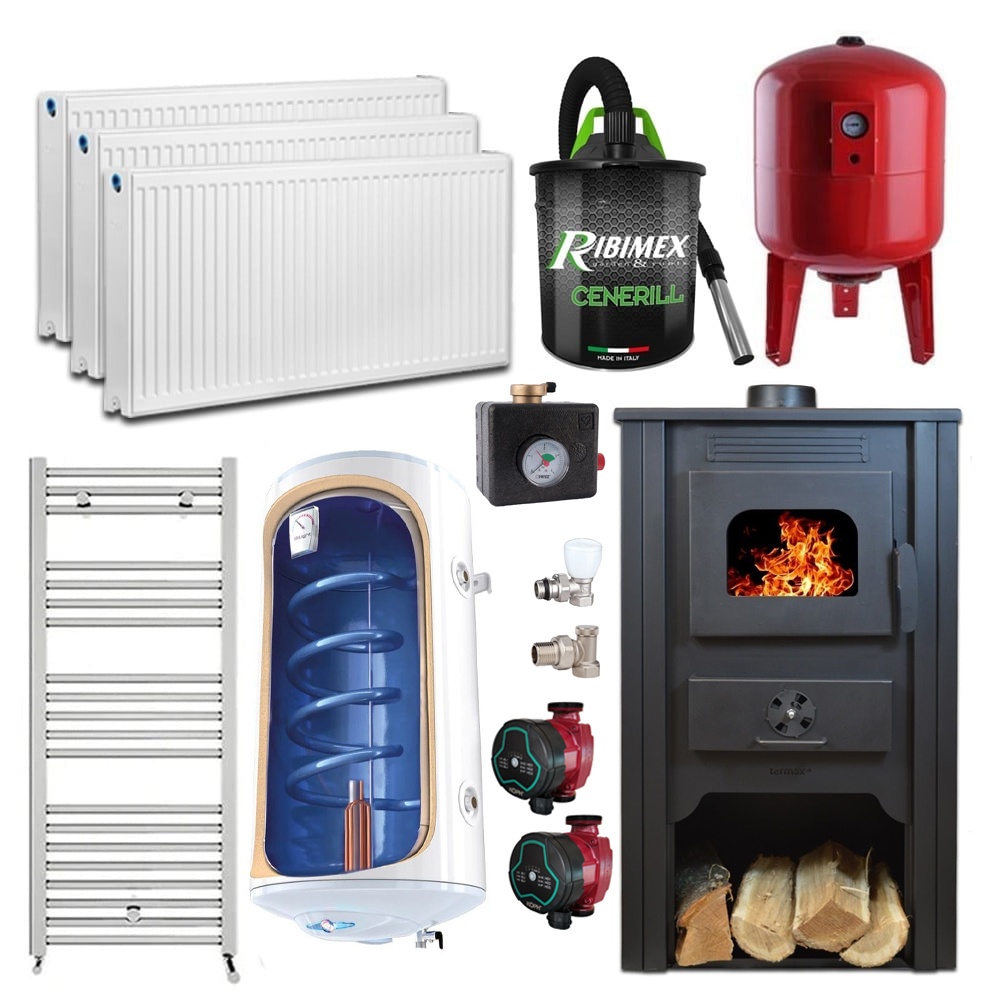 Pachet termosemineu pe lemn Termax Decebal, 11.52 kW, randament 85.59%, 75 m², Rosu, Calorifere, Pompe Recirculare, Grup siguranta, Vas expansiune,
