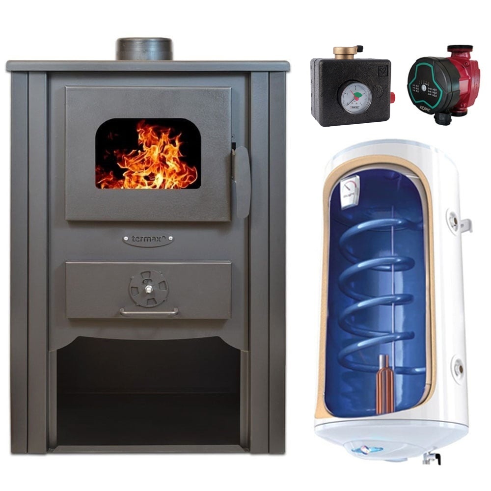 Pachet Termosemineu pe lemn Termax Decebal, 11.52 kW, randament 85.59%, 75 m², Maro, Grup siguranta, Pompa recirculare si Boiler termoelectric Tesy