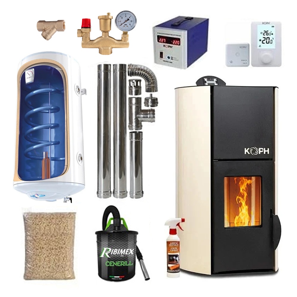 Pachet termosemineu pe peleti KOPH PM 12 kW, 80 mp, buncar peleti 12 kg, diametru cos fum ⌀80 mm, pompa recirculare si vas expansiune incorporate,