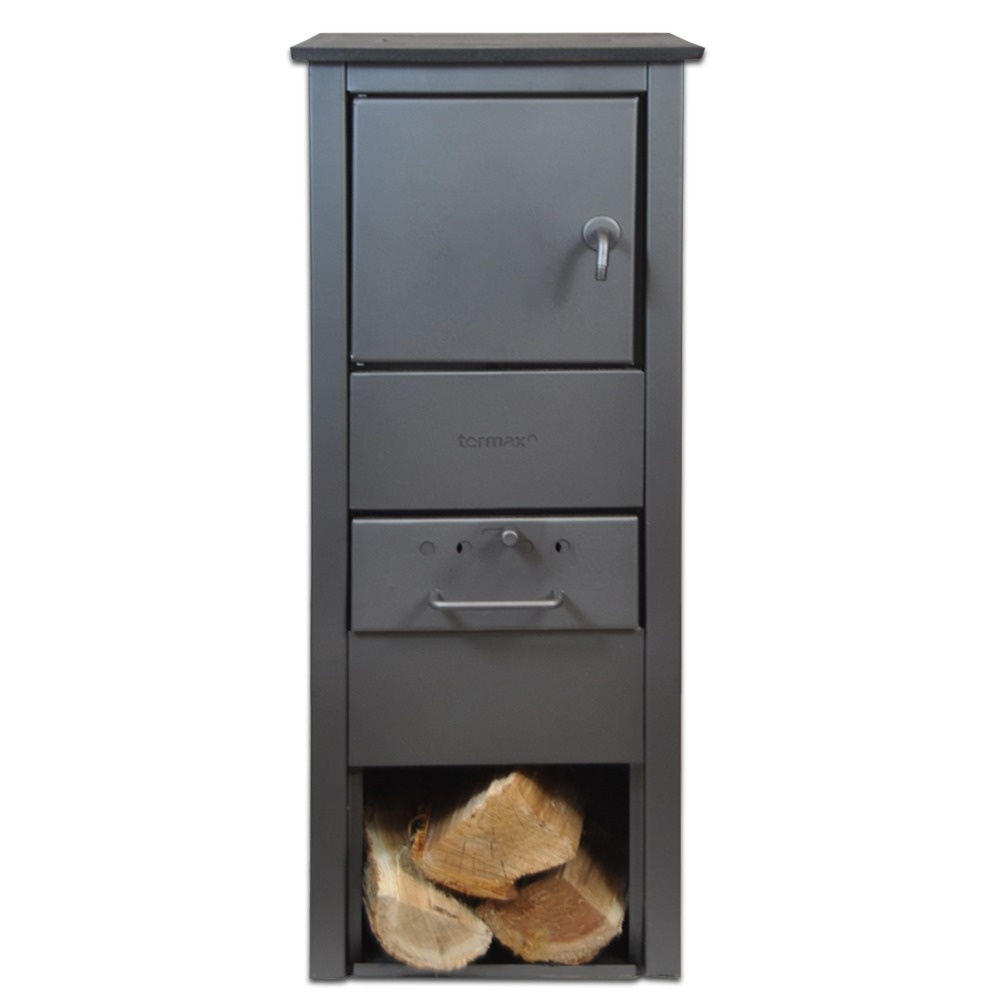 Soba pe lemn Termax Mia, 6.11 kW, evacuare spate, randament 86.49%, 40 m², spatiu depozitare lemne, Antracit