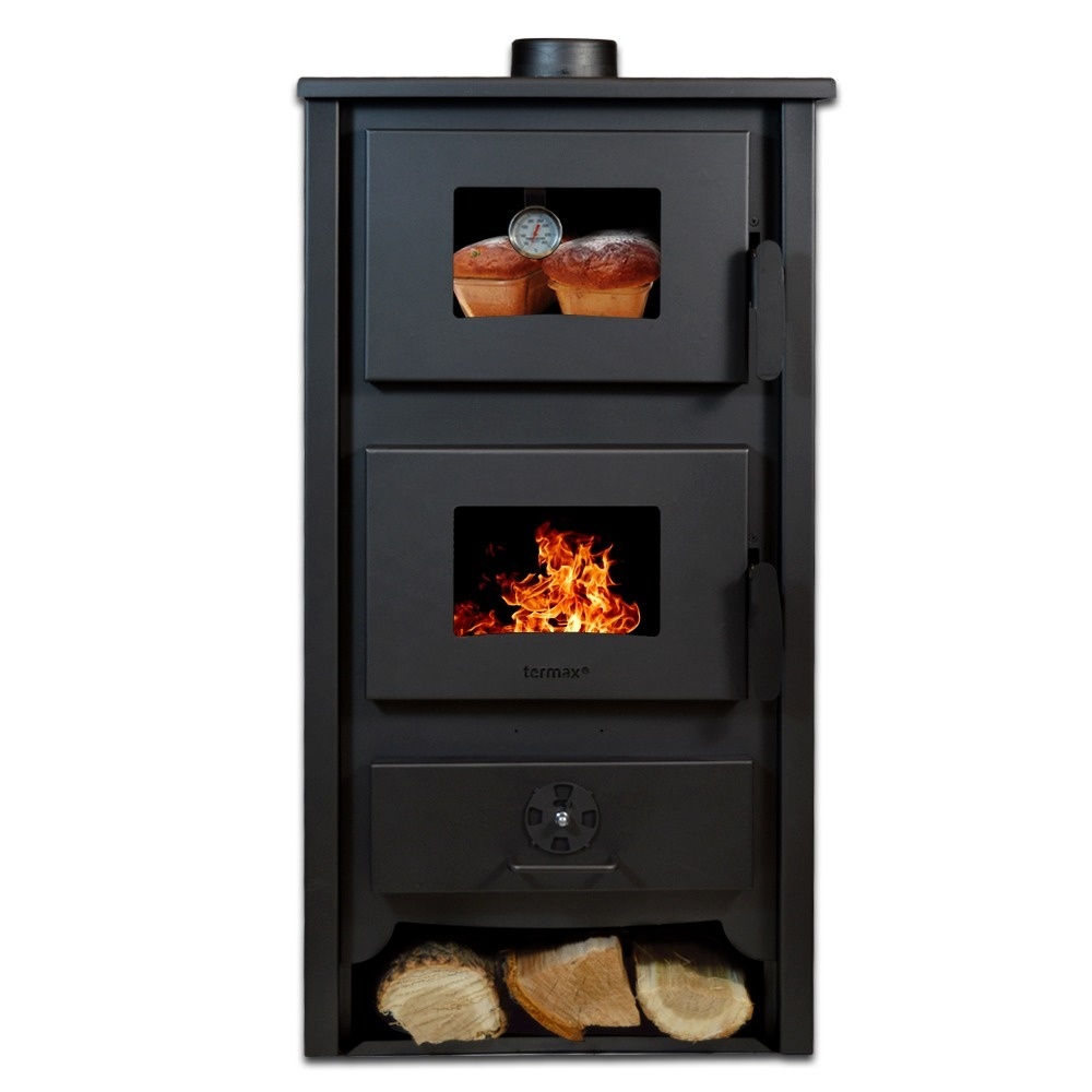 Termosoba pe lemn Termax Codru, 24.43 kW, cuptor integrat, randament 85.10%, 155 m², Negru