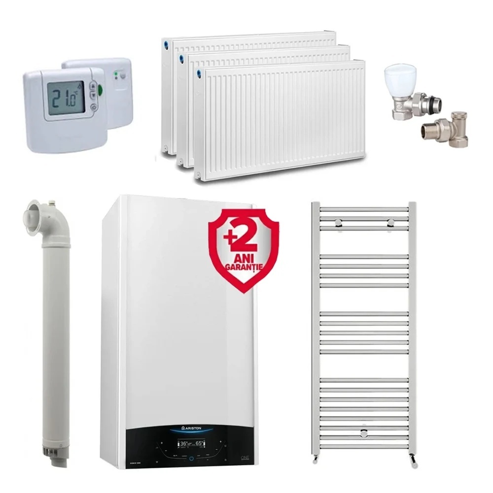 Pachet apartament cu 2 camere, centrala Ariston Genus One+ 24 kW, Clasa A, Schimbator de caldura XtraTech, Ecran LCD tactil, Autodiagnoza, Kit de