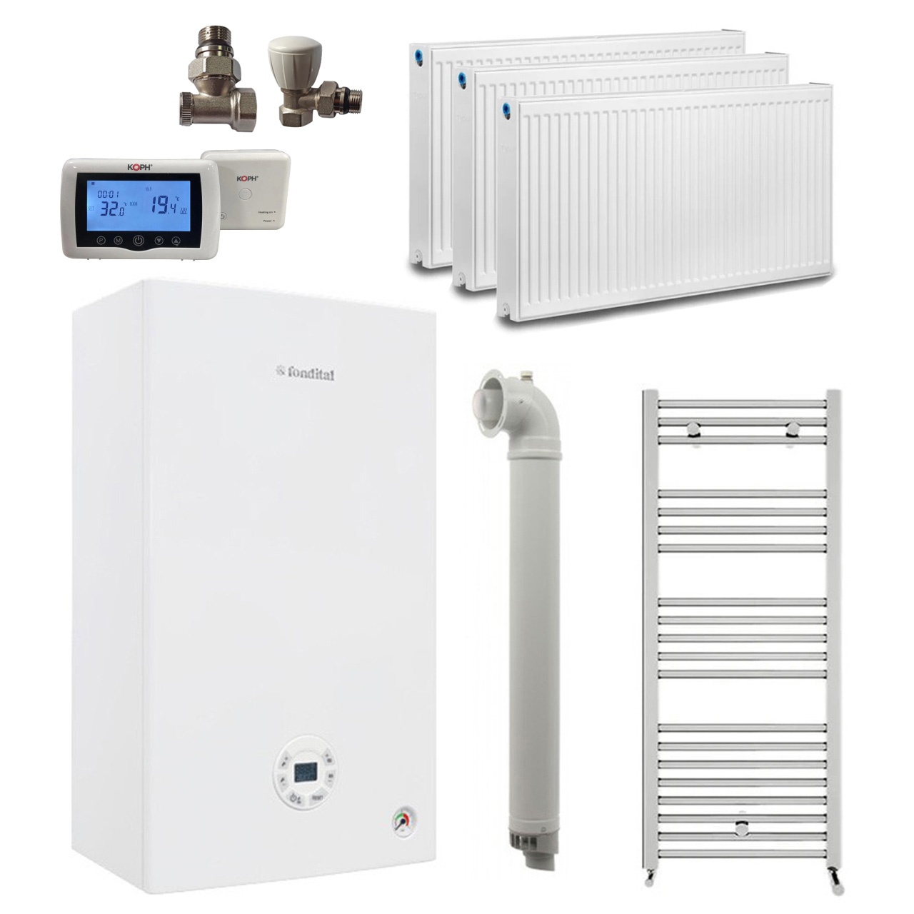 Pachet apartament cu 2 camere, centrala termica pe gaz in condensare Fondital Tenerife KC 24 kW, Calorifere, Termostat Inteligent, Set robineti