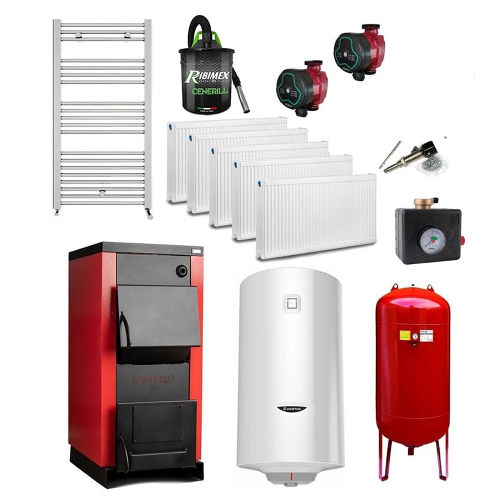 Pachet Centrala/Cazan pe lemn Termax 25 kW, cu ardere standard, volum manta apa 75 litri, grup siguranta, pompa recirculare, regulator de tiraj, vas
