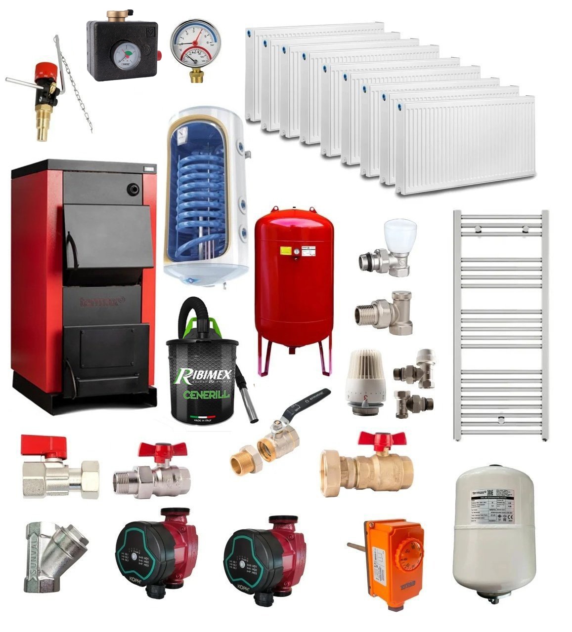 Pachet Centrala/Cazan pe lemn Termax 40 kW, cu ardere standard, volum manta apa 120 litri, Calorifere, Boiler termoelectric, Pompe recirculare, Vas