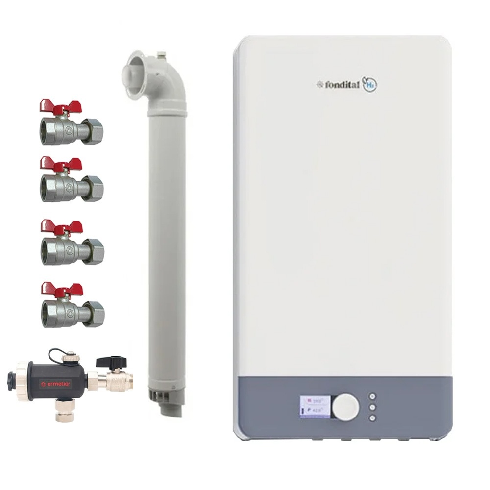 Pachet Centrala termica pe gaz in condensare Fondital Antea Next KC 26 kW, Clasa A, Afisaj color si intuitiv, IPX5D, Incalzire + ACM, Kit de evacuare