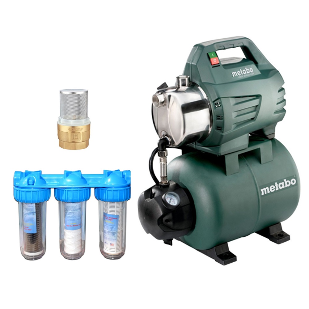 Pachet hidrofor inox Metabo HWW 3500/25G, 900 W, 45 m, Set 3 filtre ALFAKAL 10", pentru apa, nylon, bumbac si carbune activ, racord 1" si Supapa de