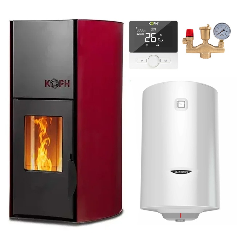 Pachet termosemineu cu peleti KOPH PM 18 kW, 120 mp, buncar 15 kg, diametru cos fum ⌀80 mm, pompa recirculare si vas expansiune incorporate, Boiler