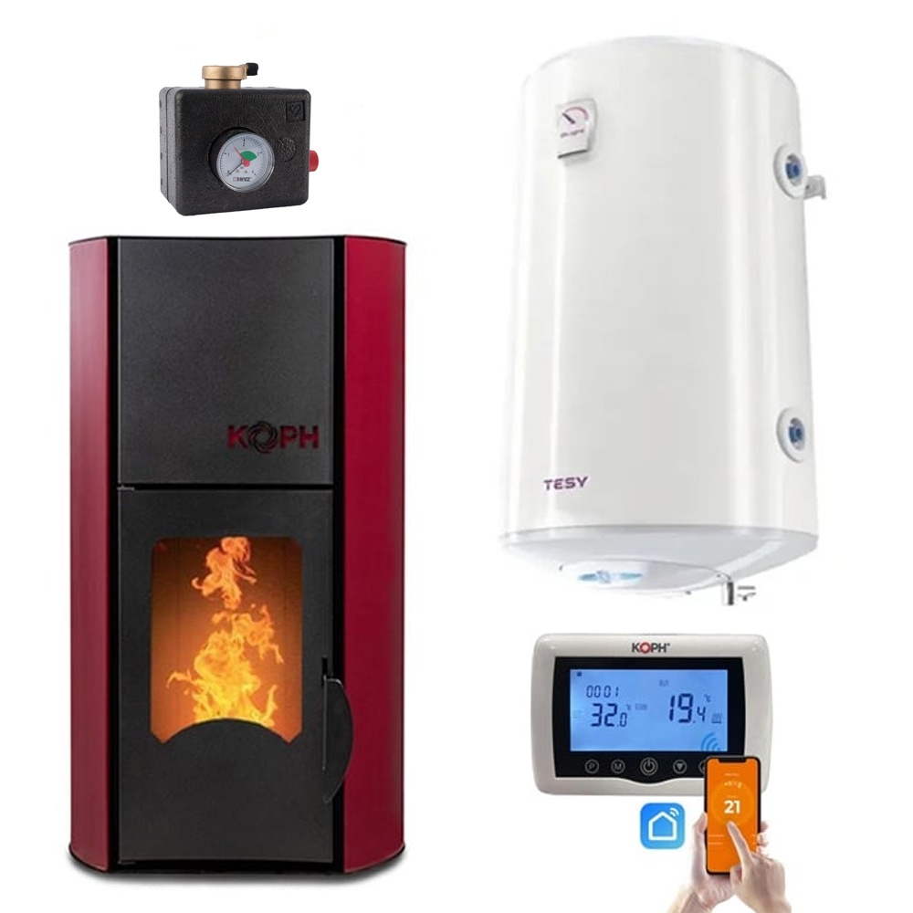 Pachet termosemineu cu peleti KOPH PM 25 kW Fiama, 170 mp, buncar peleti 25 kg, diametru cos fum ⌀80 mm, Boiler Termoelectric 100 litri, Termostat