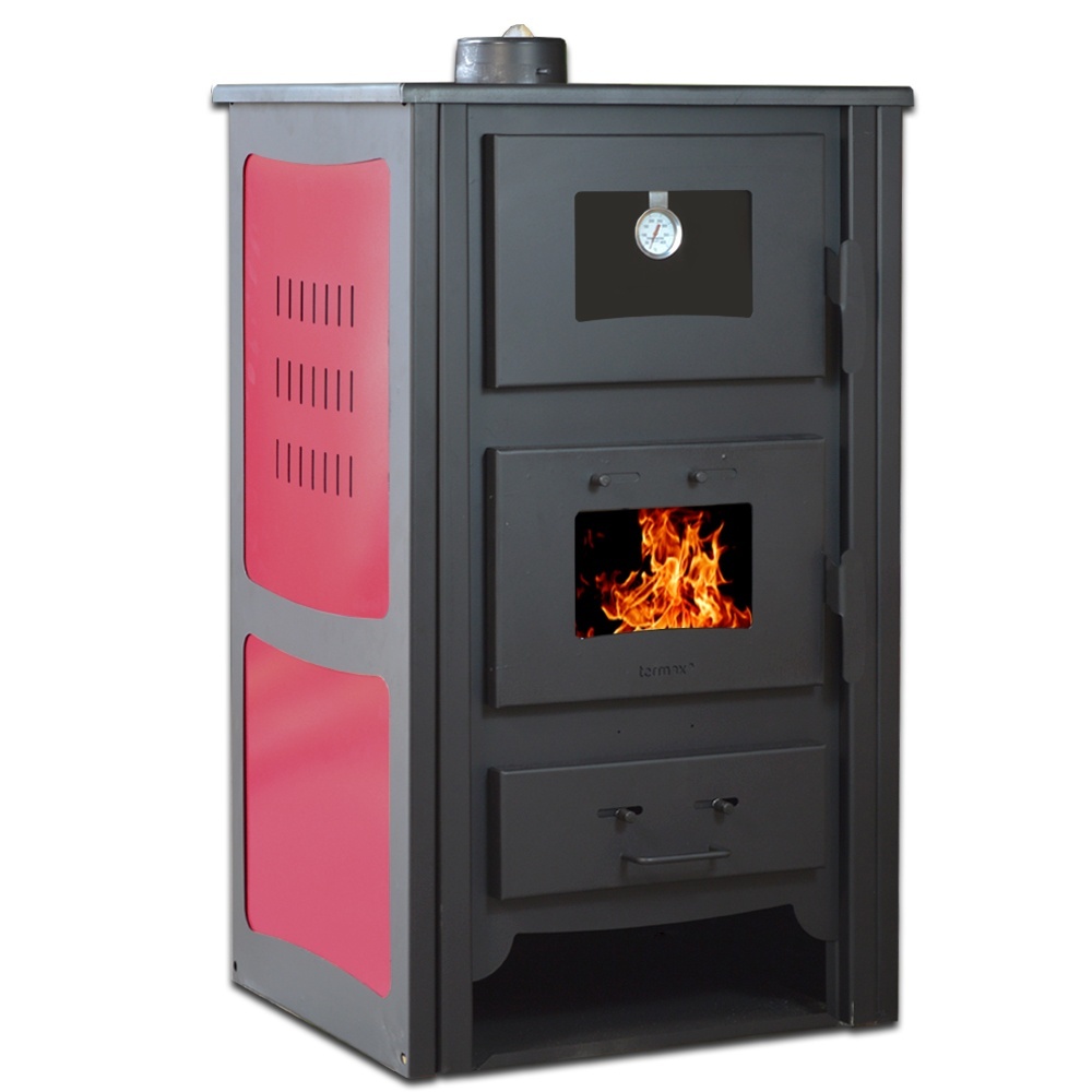 Soba pe lemn Termax Doina, 12.2 kW, randament 84.17%, 80 m², spatiu depozitare lemne, cuptor de gatit integrat, Bordo