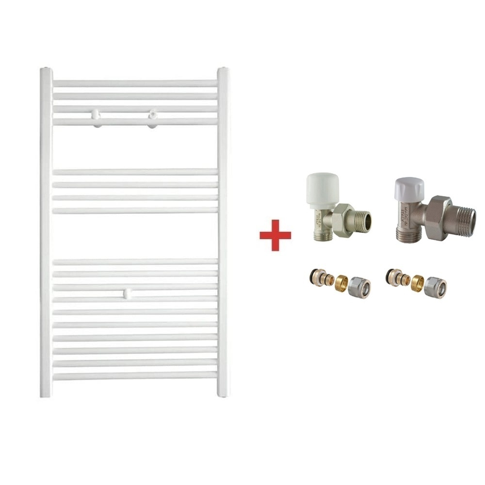 Pachet Calorifer (radiator) de baie TERMAX, tip scarita, din otel, drept 500/1000 mm, 463 W, Robineti Tur/Retur Gaia 1/2" + conector pexal inclus