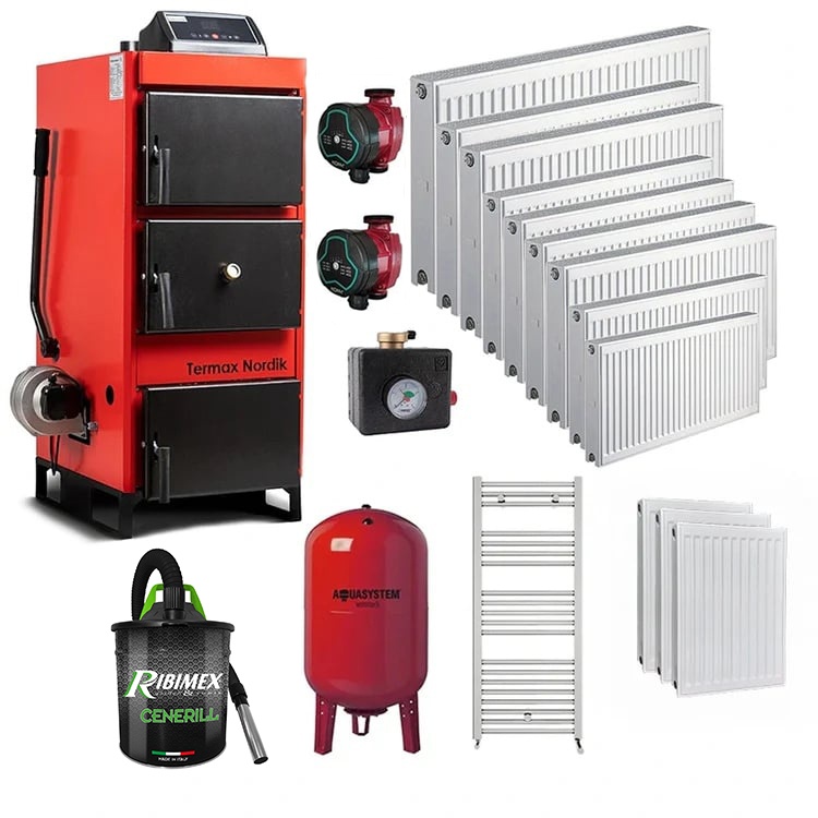 Pachet cazan pe lemn/carbune Termax Nordik 46 kW cu ventilator si automatizare, 13 Calorifere, Vas Expansiune, Grup Siguranta, Pompe Recirculare,