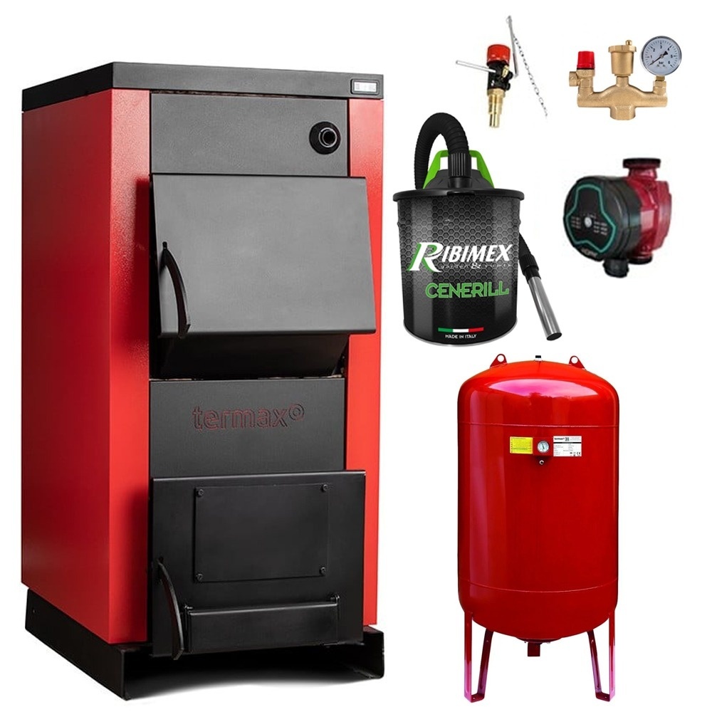 Pachet centrala/Cazan pe lemn Termax 35 kW, cu ardere standard, volum manta apa 105 litri, Vas Expansiune, Pompa Recirculare, Grup siguranta,