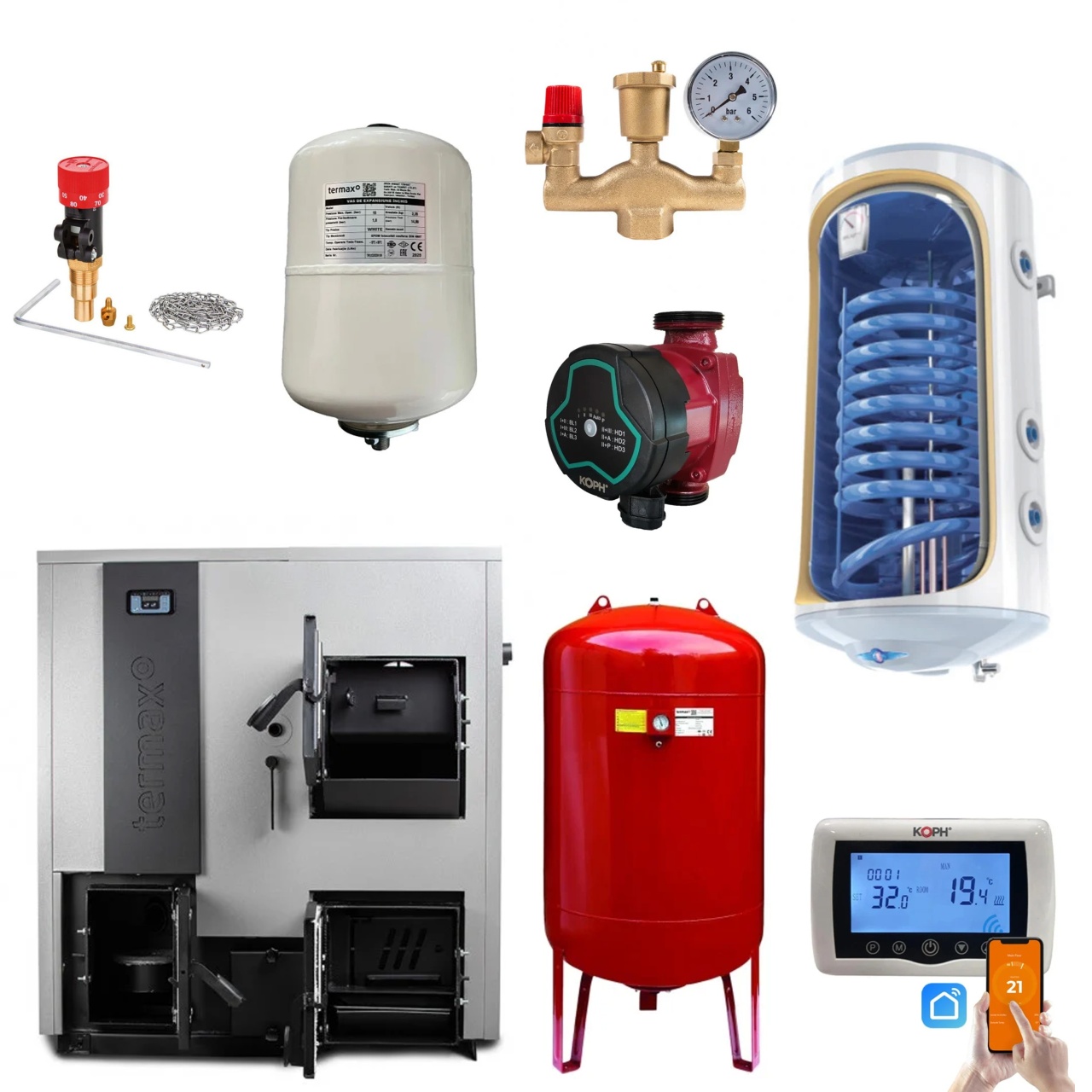 Pachet centrala mixta lemn/pelet Termax Combo 35 kW, volum manta apa 122 litri, Vas expansiune 50 litri, Termostat inteligent KOPH CT 99, Boiler