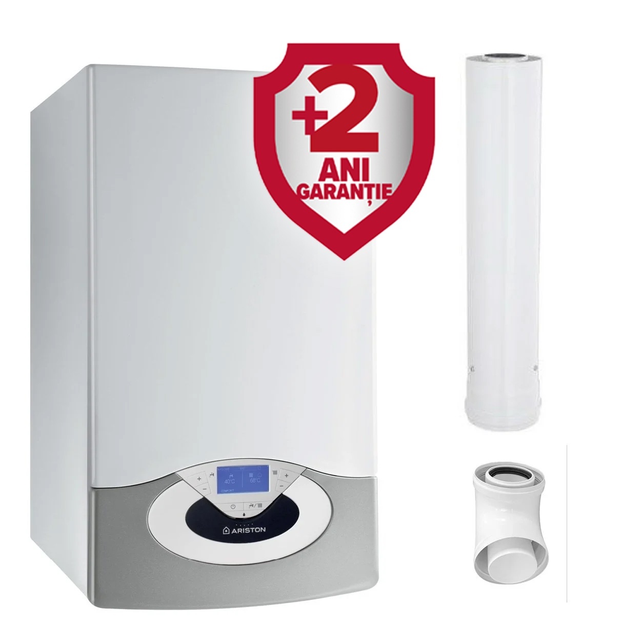 Pachet centrala termica pe gaz in condensare Ariston Genus Premium EVO HP 65 kW, doar incalzire, Kit de evacuare inclus + Extragarantie 2 ani