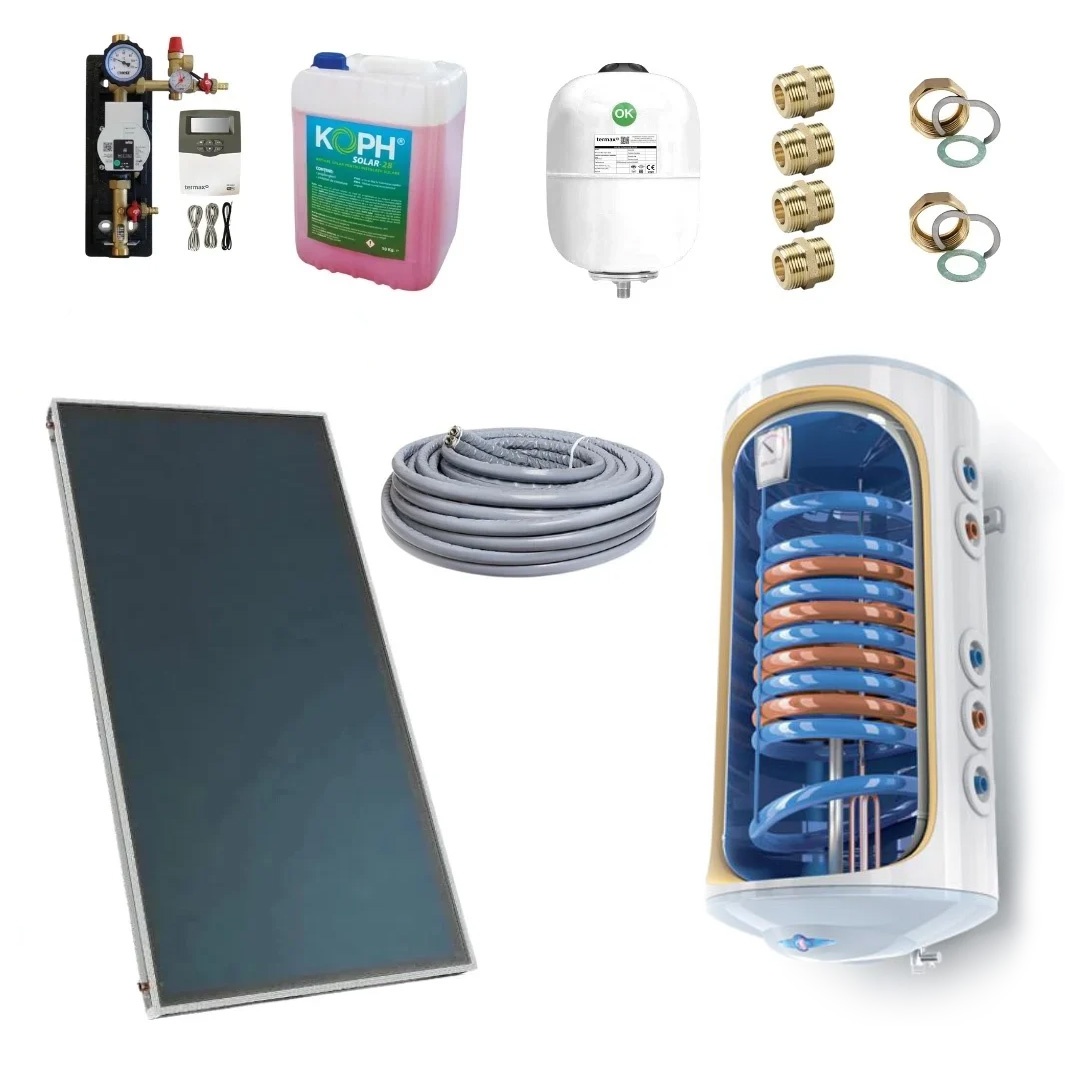 Pachet panou solar plan Tesy SP 08 200 CSL, 1.8 m² + Boiler termoelectric TESY 120 l cu 2 serpentine + Accesorii montaj