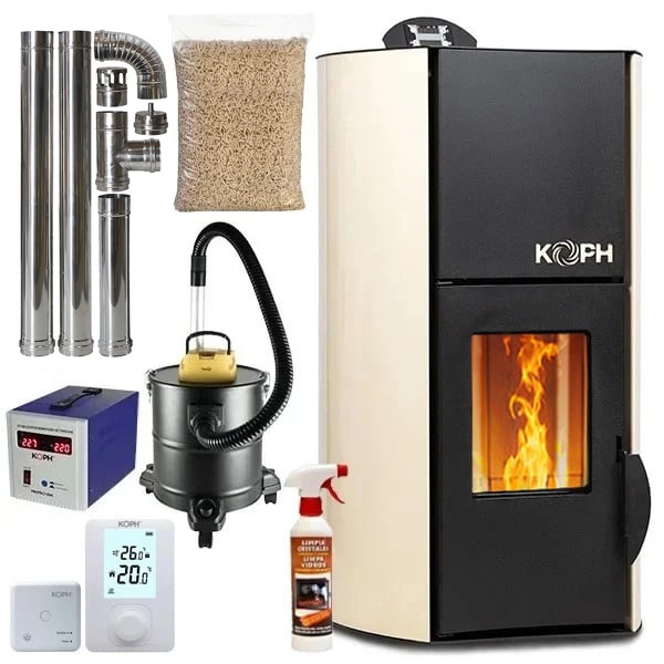 Pachet termosemineu cu peleti KOPH PM 25 kW Fiama, 160 mp, buncar peleti 25 kg, diametru cos fum ⌀80 mm, pompa recirculare si vas expansiune