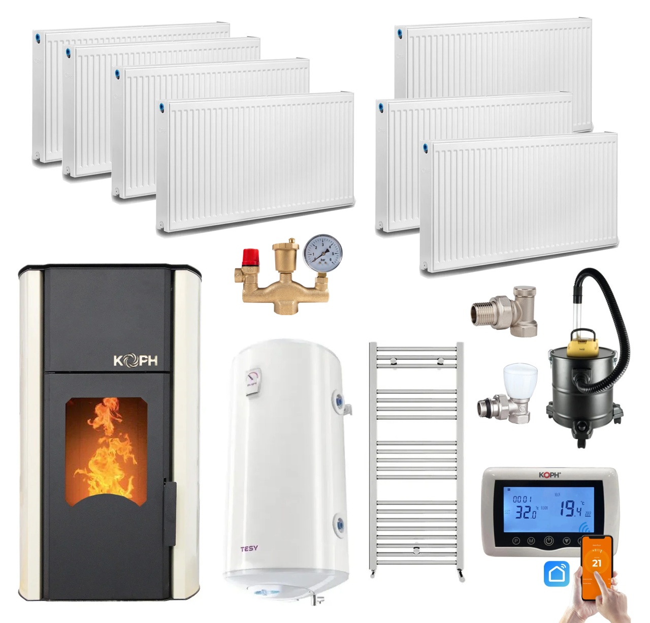 Pachet termosemineu cu peleti KOPH PM 30 kW, 200 mp, buncar peleti 30 kg, diametru cos fum ⌀80 mm, pompa recirculare si vas expansiune incorporate,