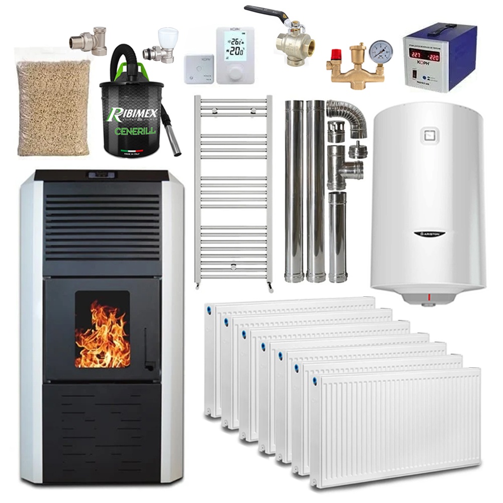 Pachet termosemineu cu peleti Termax Kamin ECO, 30 kW, 220 mp, buncar peleti 55 kg, volum apa 49 litri, diametru cos fum ⌀80 mm, vas expansiune si