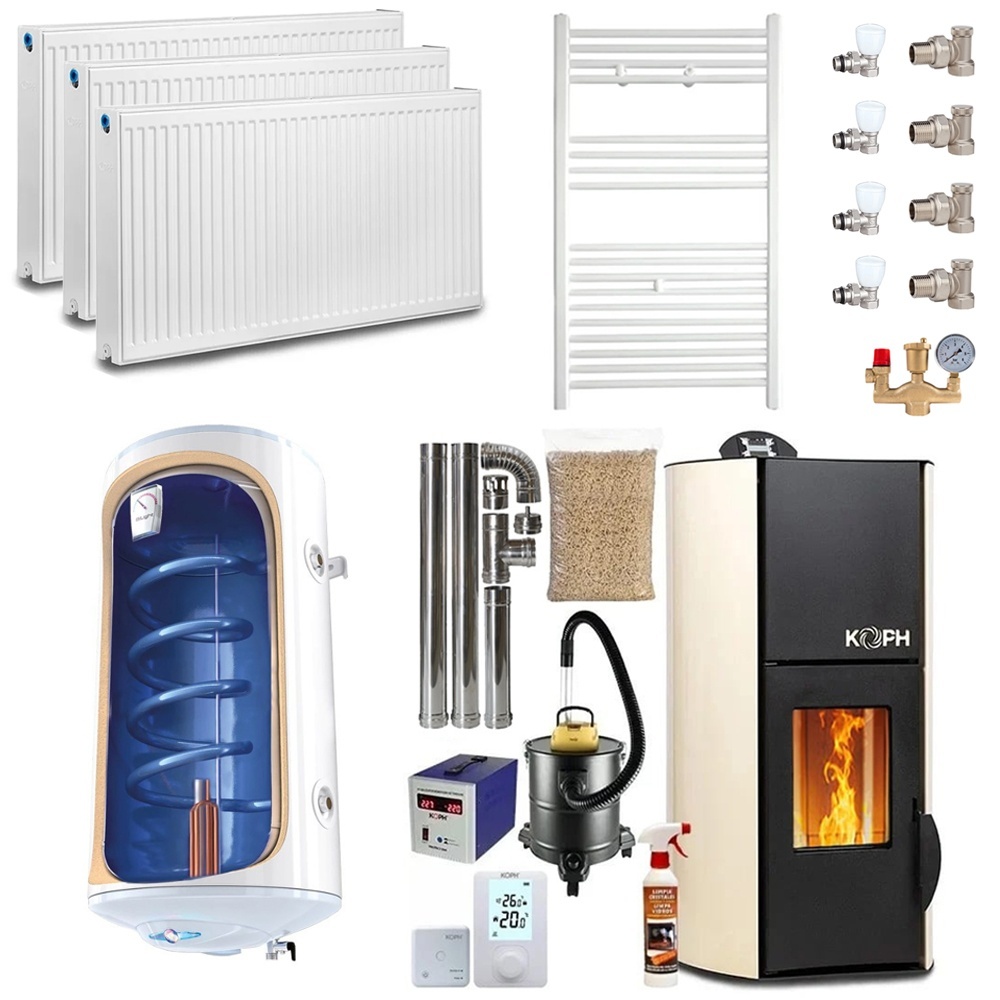 Pachet termosemineu pe peleti KOPH PM 12 kW, 80 mp, buncar peleti 12 kg, diametru cos fum ⌀80 mm, pompa recirculare si vas expansiune incorporate,
