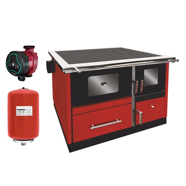 Pachet termosoba pe lemn Termax Bosanka 25 kW din otel, evacuare pe stanga, Vas expansiune 35 litri, Pompa de recirculare KOPH GPA 3 32/7.5 - 180 mm