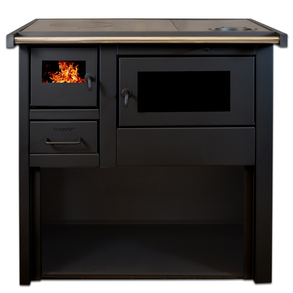Termosoba pe lemn Termax Voinic, 12.05 kW, evacuare pe dreapta, cuptor integrat, randament 85.29%, 80 m², Negru