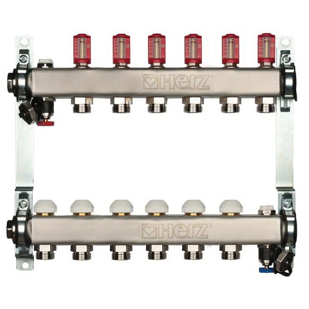 Distribuitor pentru incalzire pardoseala, 6 cai, HERZ, inox 1", cu iesire G 3/4