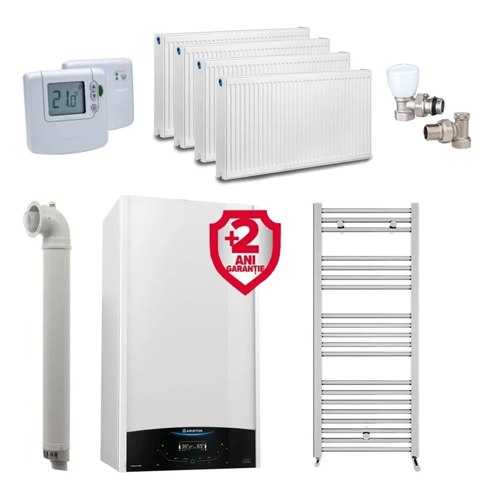 Pachet apartament cu 3 camere, centrala Ariston Genus One+ 24 kW, Clasa A, Schimbator de caldura XtraTech, Ecran LCD tactil, Autodiagnoza, Kit de