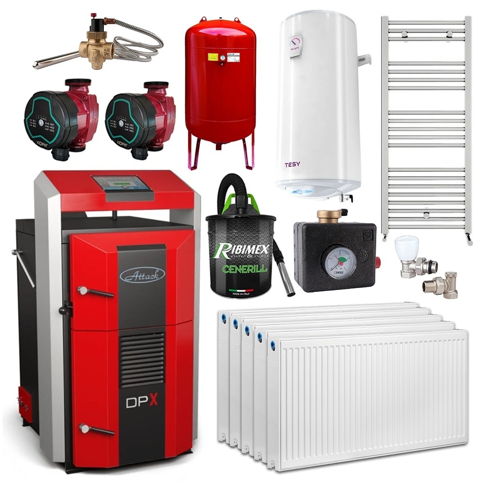 Pachet cazan pe lemne cu gazeificare ATTACK DPX, 25 kW, volum manta apa 100 litri, grosime camera ardere 6 mm, randament 91%, lungime maxima bustean