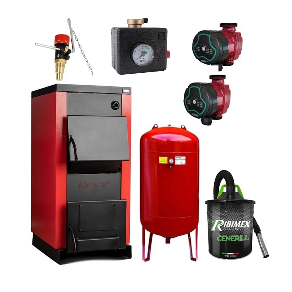 Pachet Centrala/Cazan pe lemn Termax 25 kW, cu ardere standard, volum manta apa 75 litri, grup siguranta, pompa recirculare, regulator de tiraj, vas