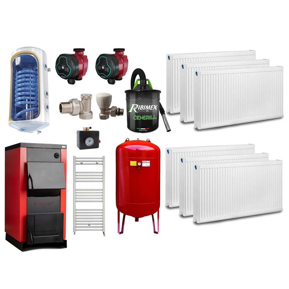 Pachet centrala/Cazan pe lemn Termax 35 kW, cu ardere standard, volum manta apa 105 litri, Calorifere, Vas Expansiune, Boiler termoelectric, Pompe