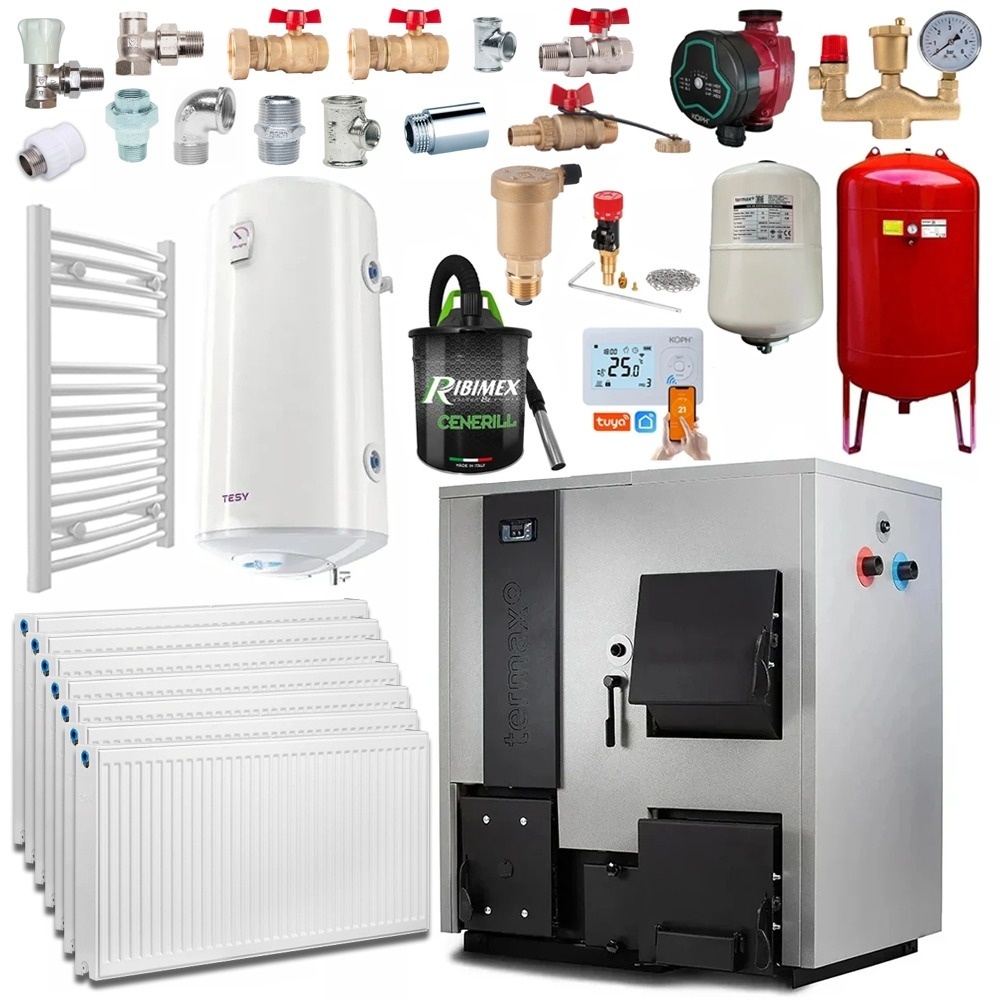 Pachet centrala mixta lemn/pelet Termax Combo 35 kW, volum manta apa 122 litri, Calorifere, Boiler termoelectric apa calda menajera, Accesorii Montaj
