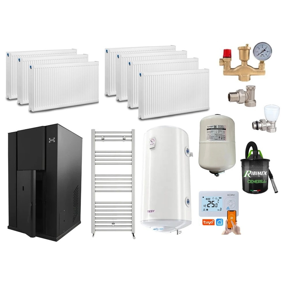 Pachet centrala peleti KOPH PM 35 KW, 230 mp, buncar peleti 80 kg, diametru cos fum ⌀100 mm, pompa recirculare si vas expansiune incorporate,