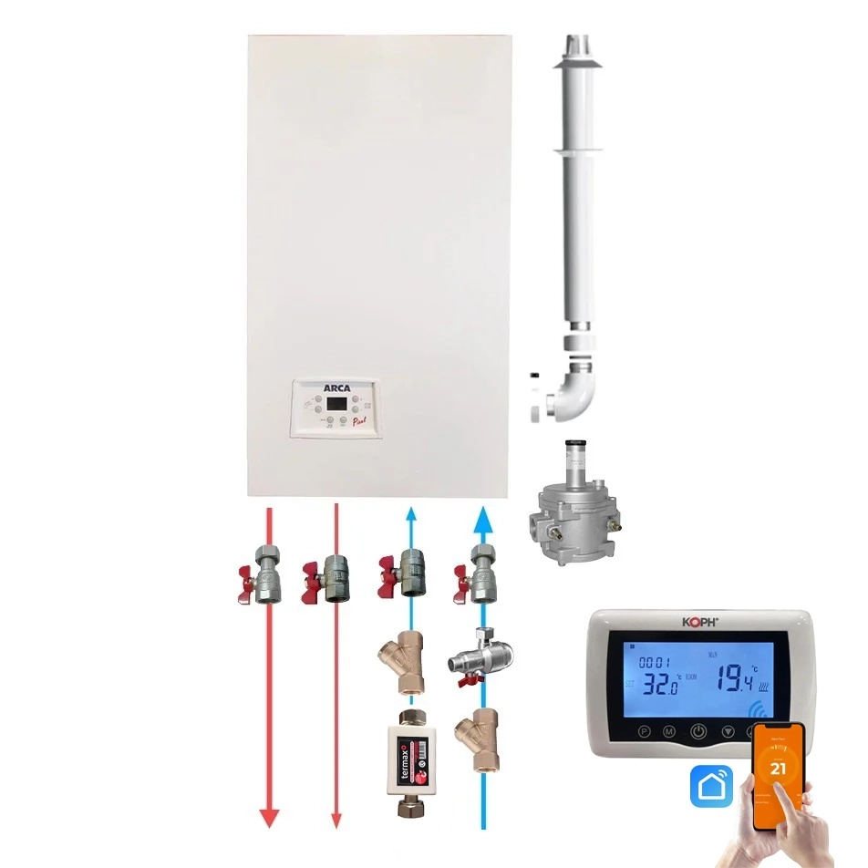 Pachet centrala termica pe gaz conventionala Arca Pixel 25F, 25 kW conventionala, tiraj fortat, incalzire si ACM + Kit armaturi + Kit de evacuare