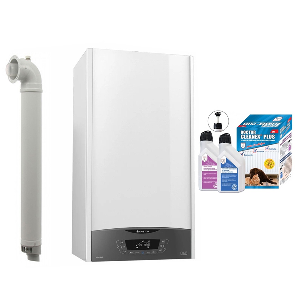 Pachet centrala termica pe gaz/GPL in condensare Ariston Clas One WIFI 24 kW, incalzire si ACM, Kit evacuare inclus si Kit rapid de